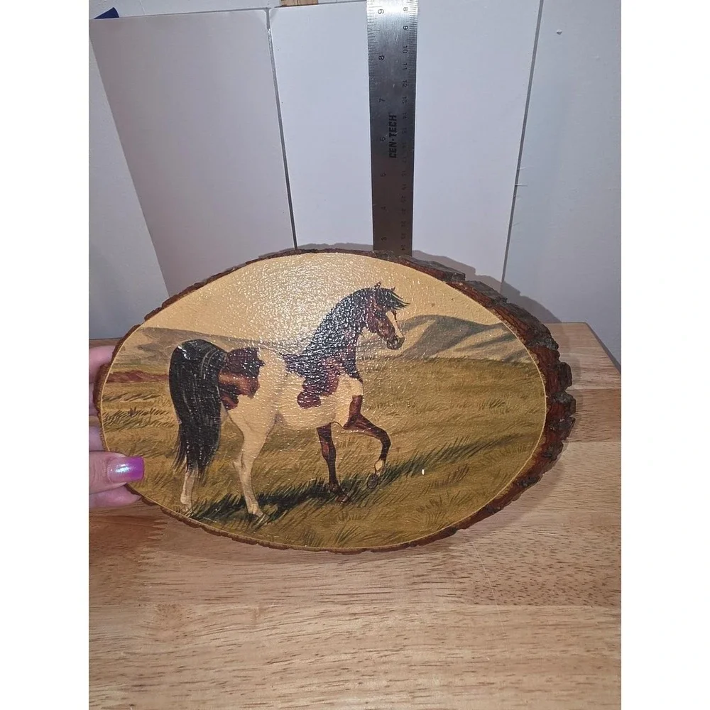 decoupaged craft plaque featuring a brown and white pinto horse on an oval wood